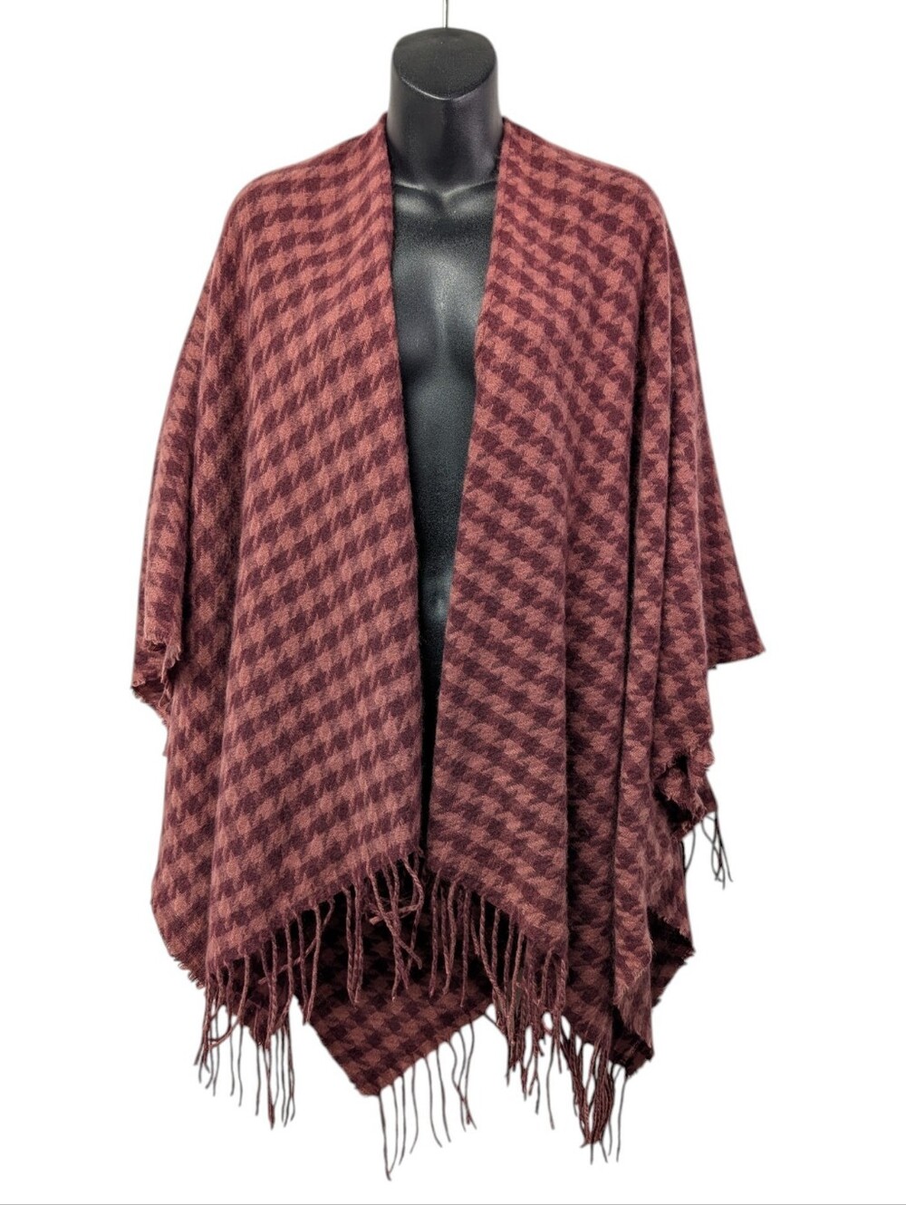 Allthreads Somerset Wrap Houndstooth Maroon Burgundy Fringe Shawl Poncho Onesize